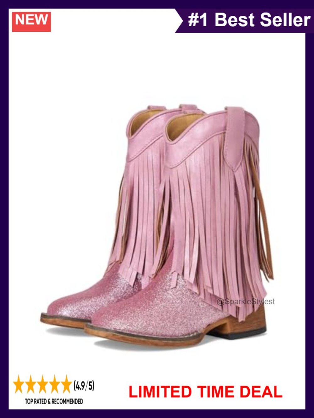 Double Fringe Western Boots Synthetic Upper Glitter Detail